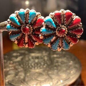 Zuni Sterling Silver Turquoise & Coral Petit Point Pinwheel Cluster Earrings